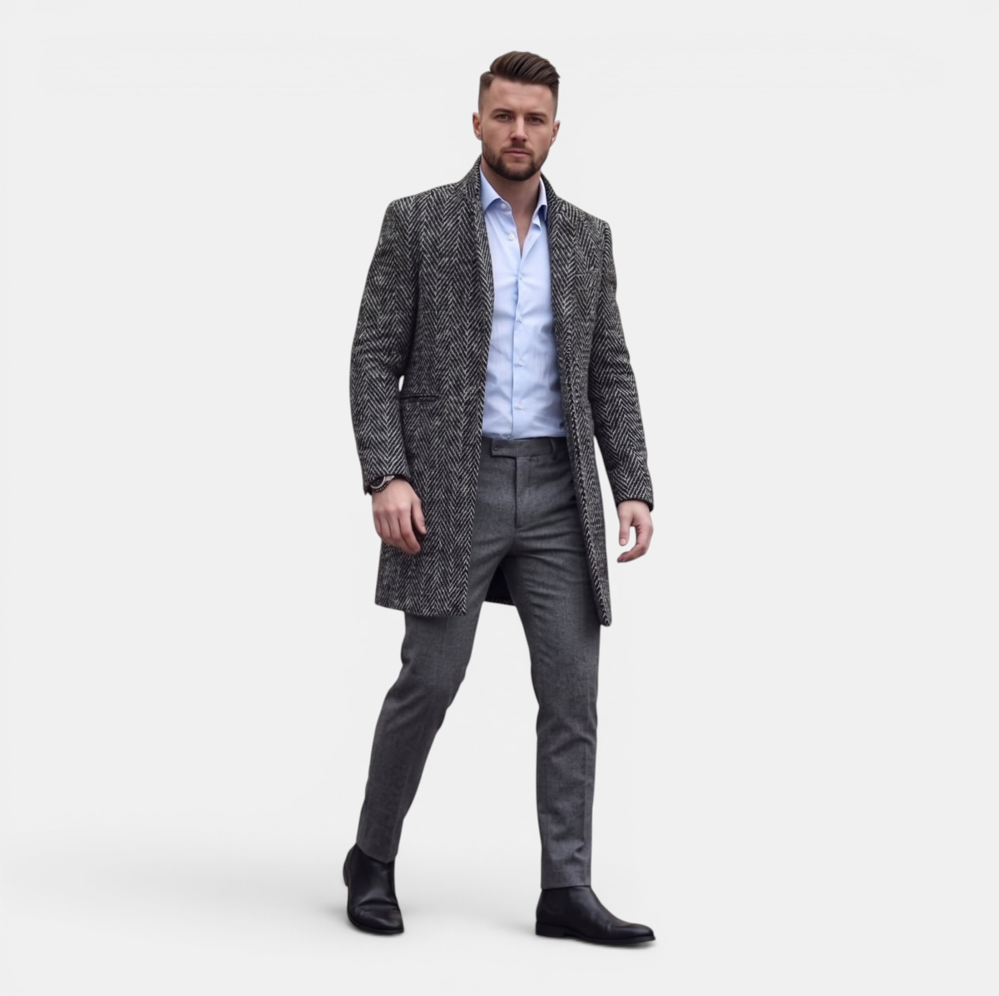 Valeniri | Men's Herringbone Wool Blend Trench Coat Classic Mid Length