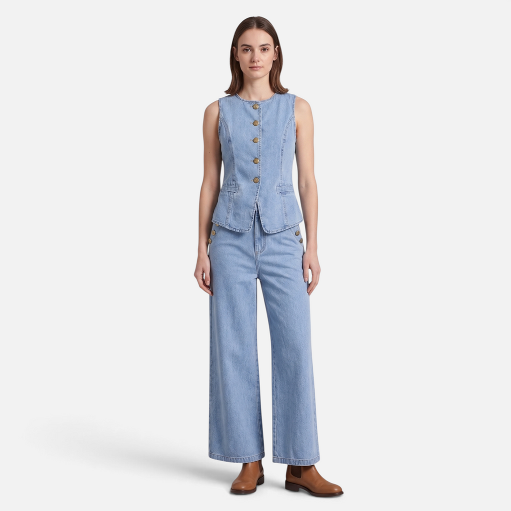 Valeniri | Women's Denim Two-Piece Set Relaxed Fit Button-Up & Wide Leg Pants