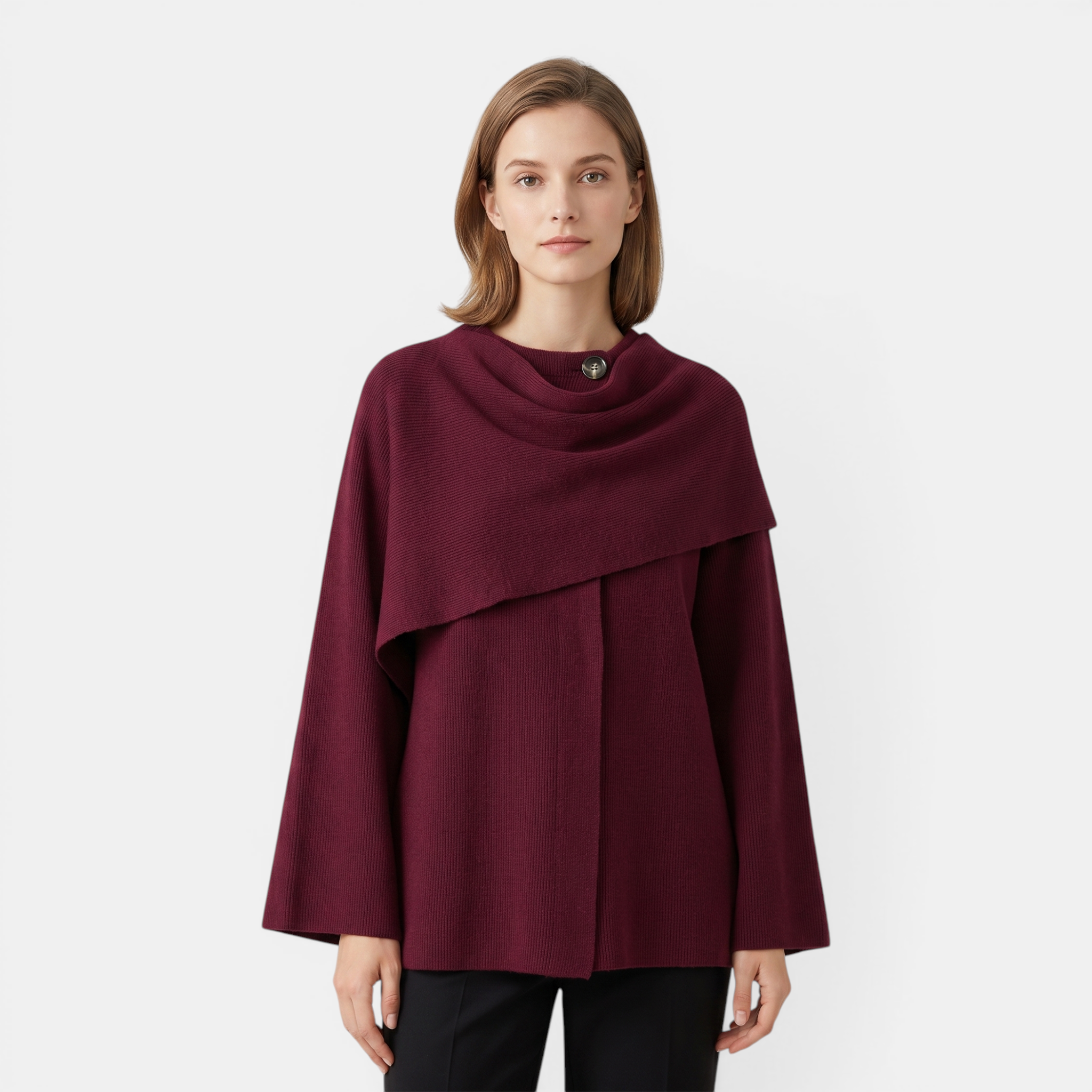 Valeniri | Women's Knit Coat with Built-In Scarf Classic Cardigan Style
