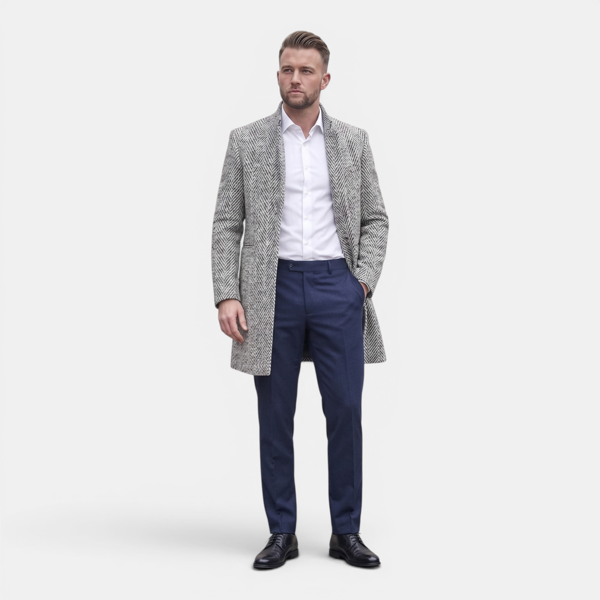 Valeniri | Men's Herringbone Wool Blend Trench Coat Classic Mid Length