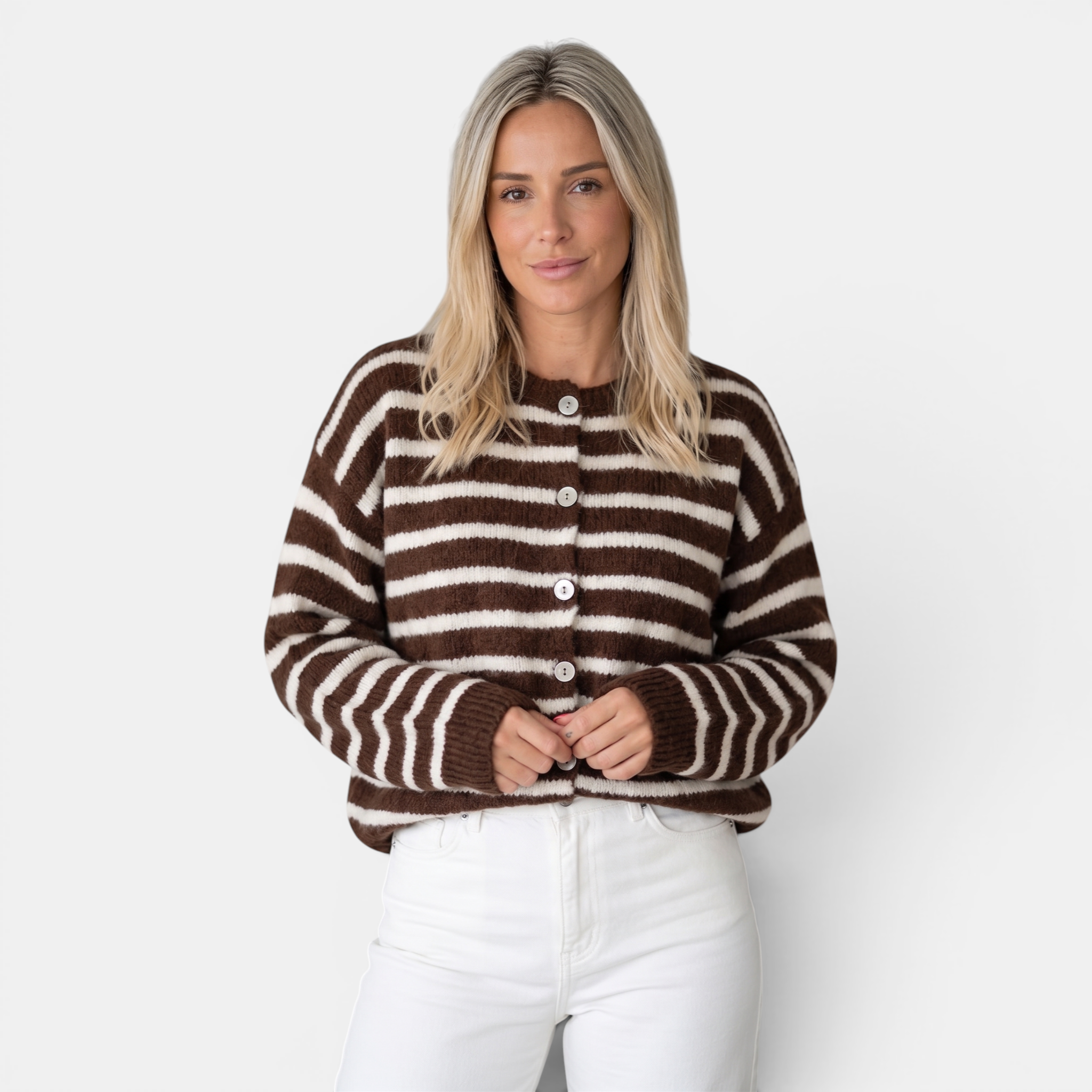 Valeniri | Women's Knit Cardigan Sweater Classic Stripe Long Sleeve