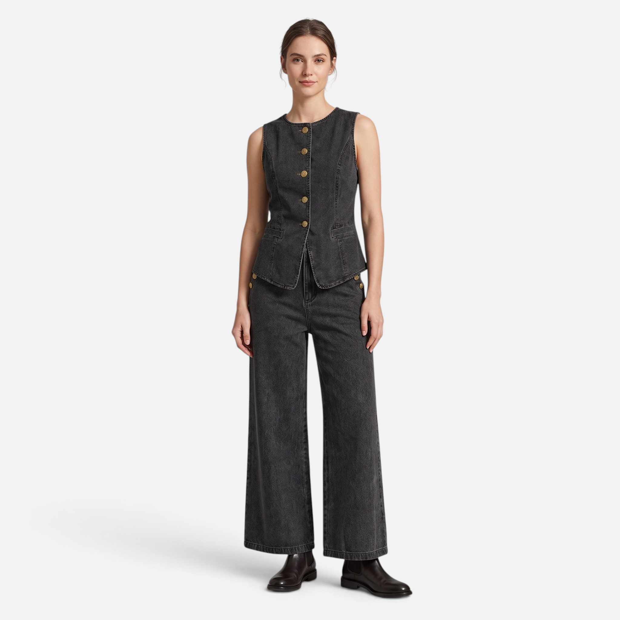 Valeniri | Women's Denim Two-Piece Set Relaxed Fit Button-Up & Wide Leg Pants