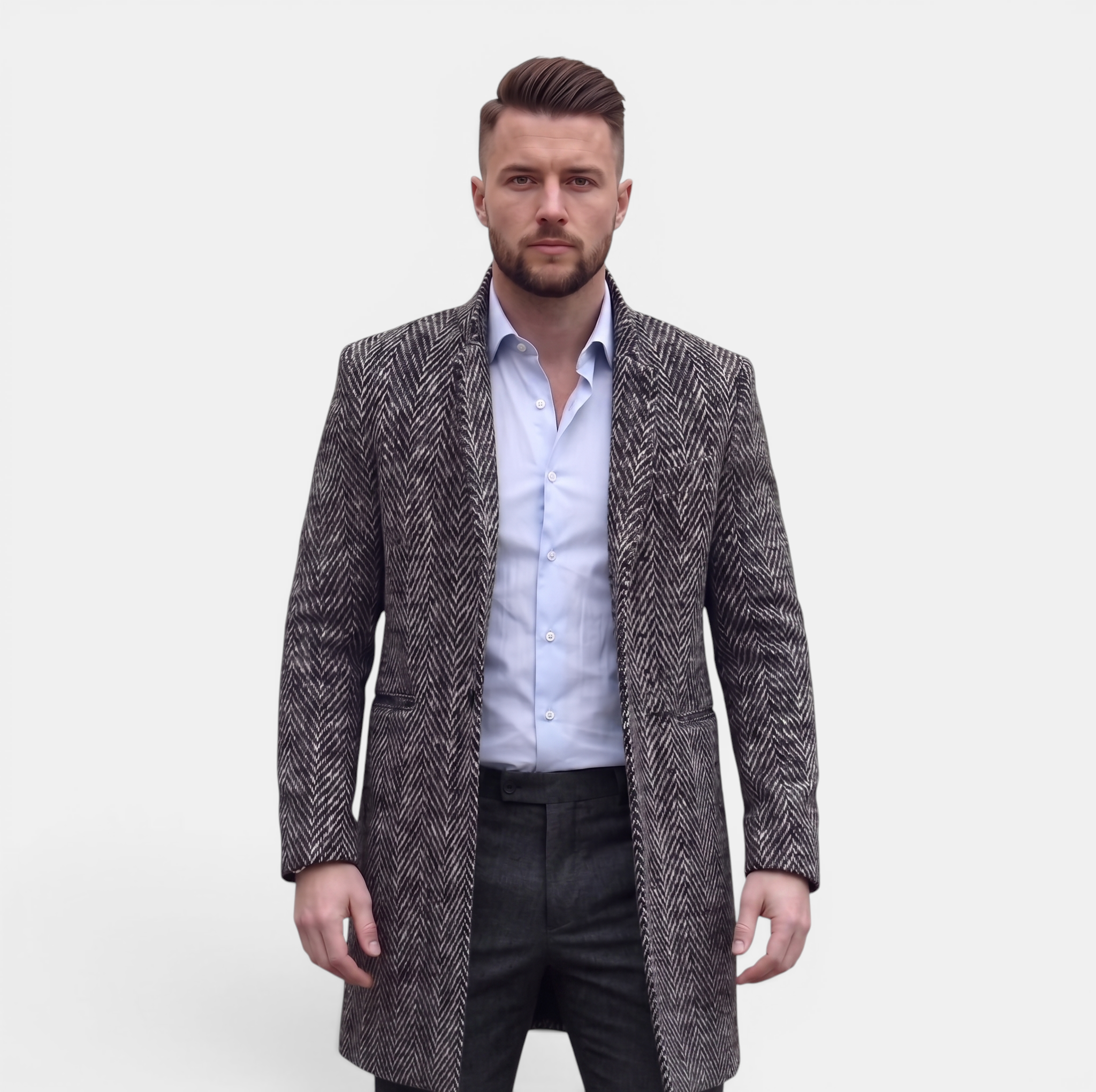 Valeniri | Men's Herringbone Wool Blend Trench Coat Classic Mid Length