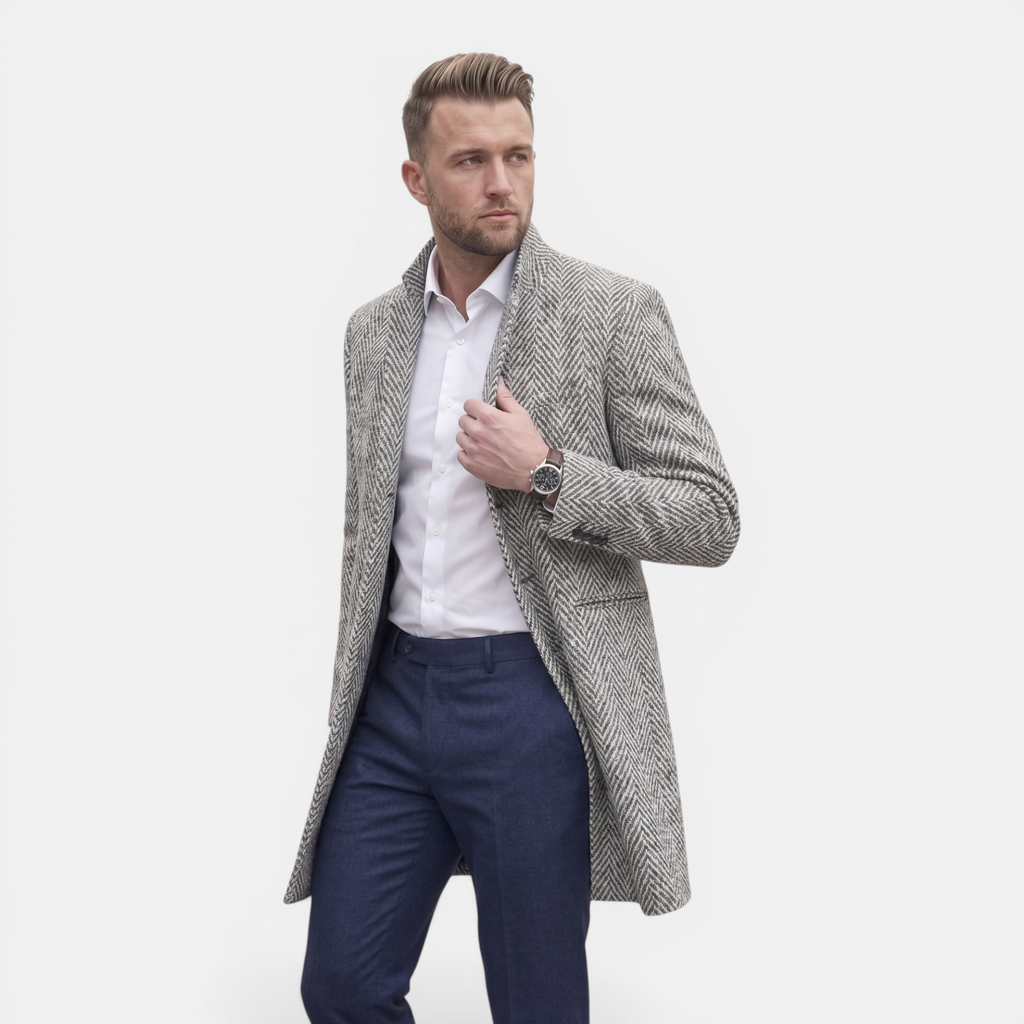 Valeniri | Men's Herringbone Wool Blend Trench Coat Classic Mid Length