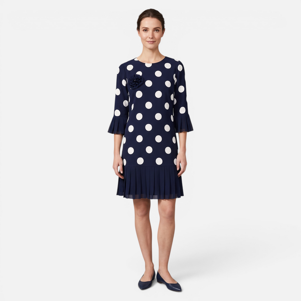 Valeniri | Women's Pleated Polka Dot Dress Short Sleeve Elegant Midi Dress