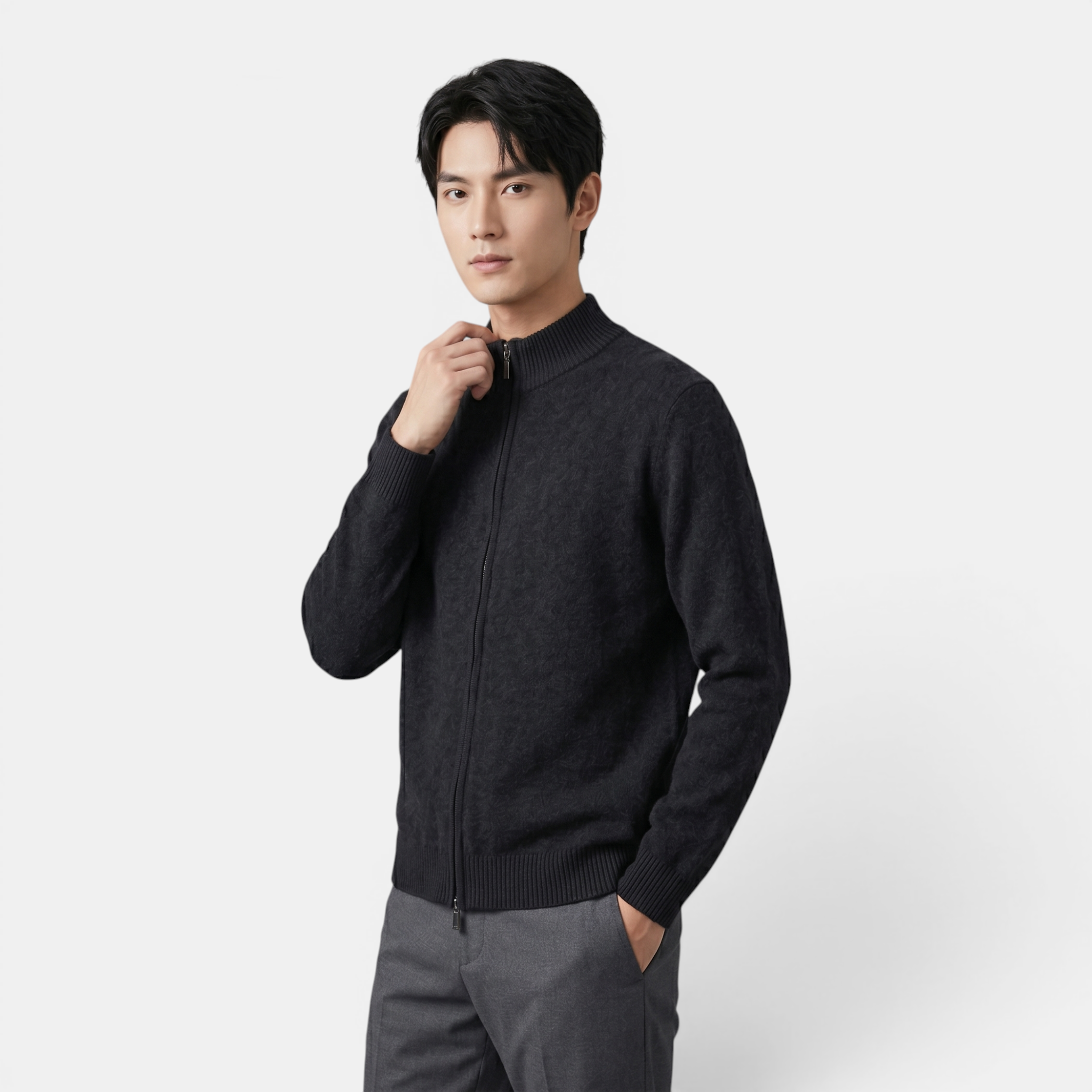 Valeniri | Men's Cashmere Wool Cardigan Thick Knit Zip-Up Stand Collar