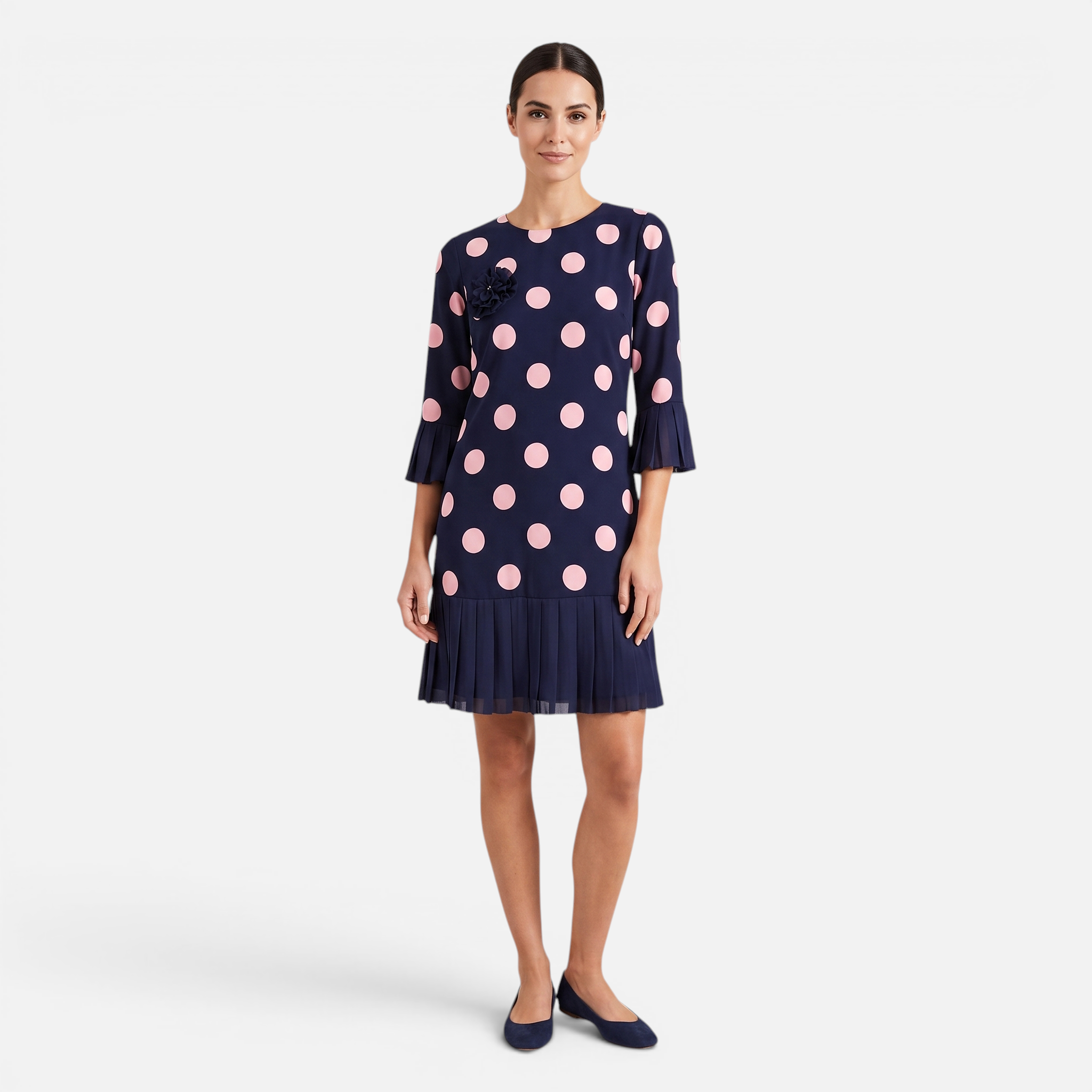 Valeniri | Women's Pleated Polka Dot Dress Short Sleeve Elegant Midi Dress