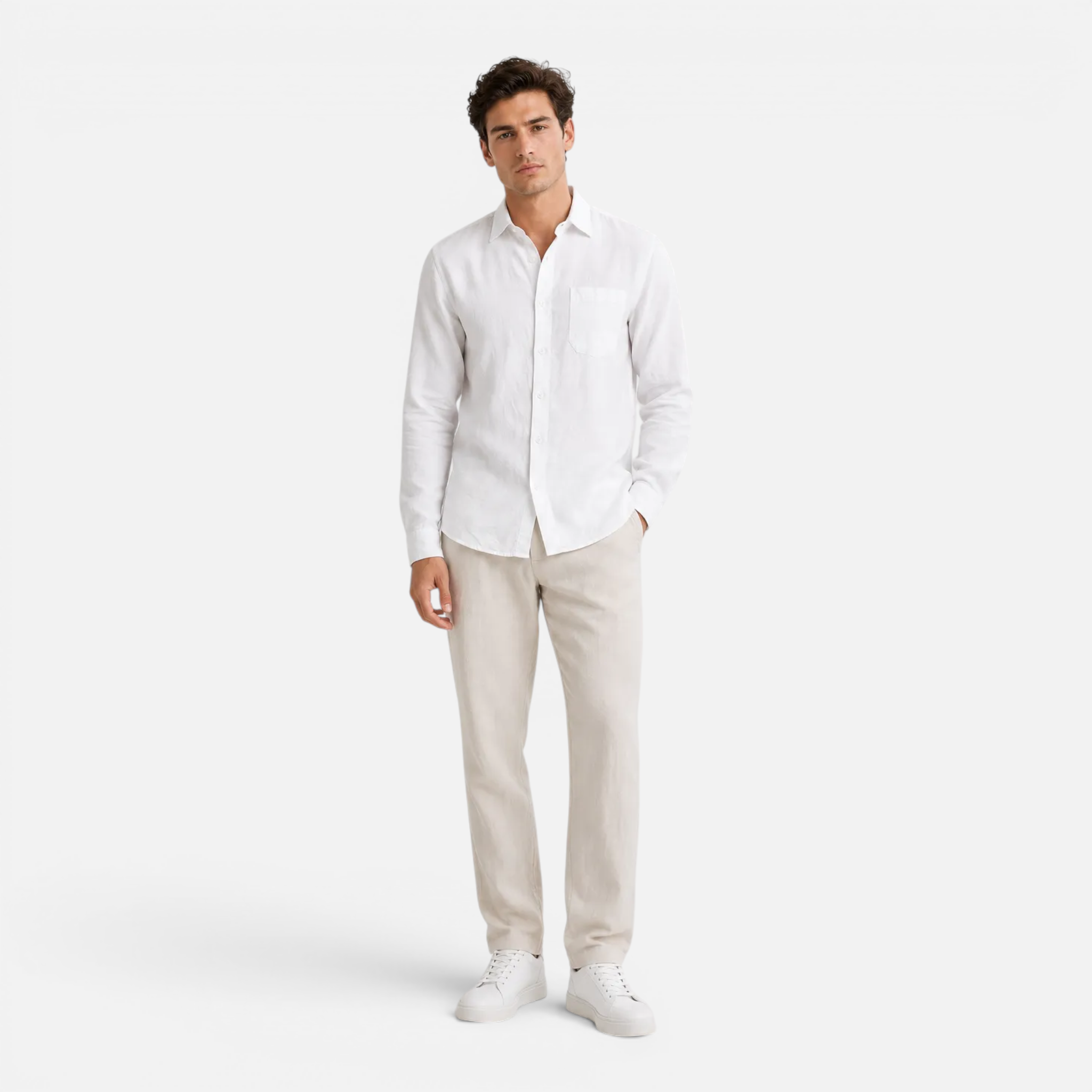 Valeniri Men's Linen Long Sleeve Shirt Classic Loose Fit Button Up